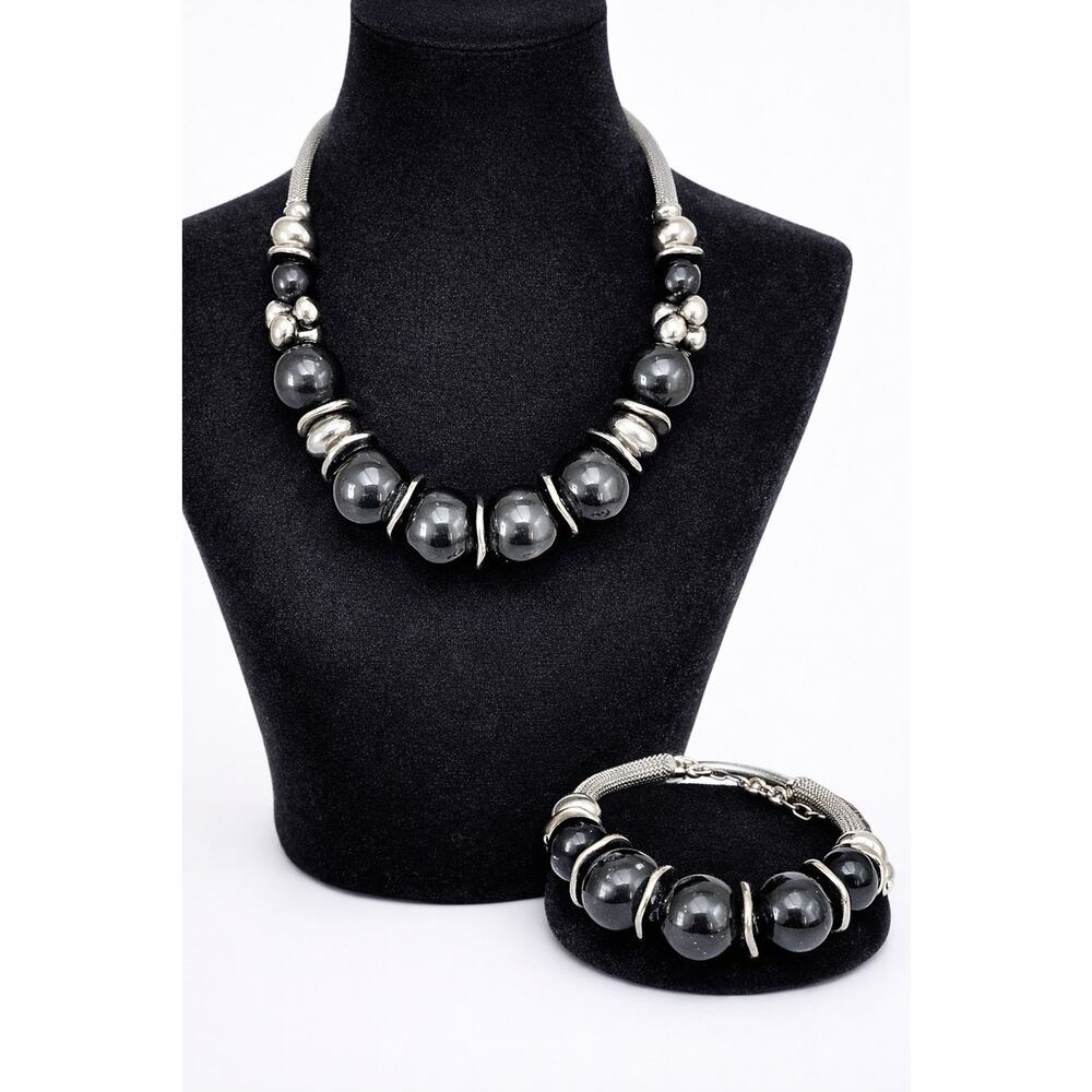 Chunky Black Silver Beaded Statement Necklace Bracelet Set Mesh